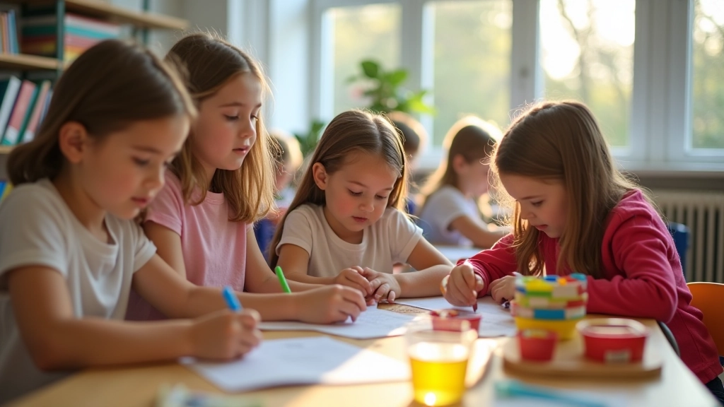 Modern classroom with children engaged in interactive STEM learning activities with colorful educational materials