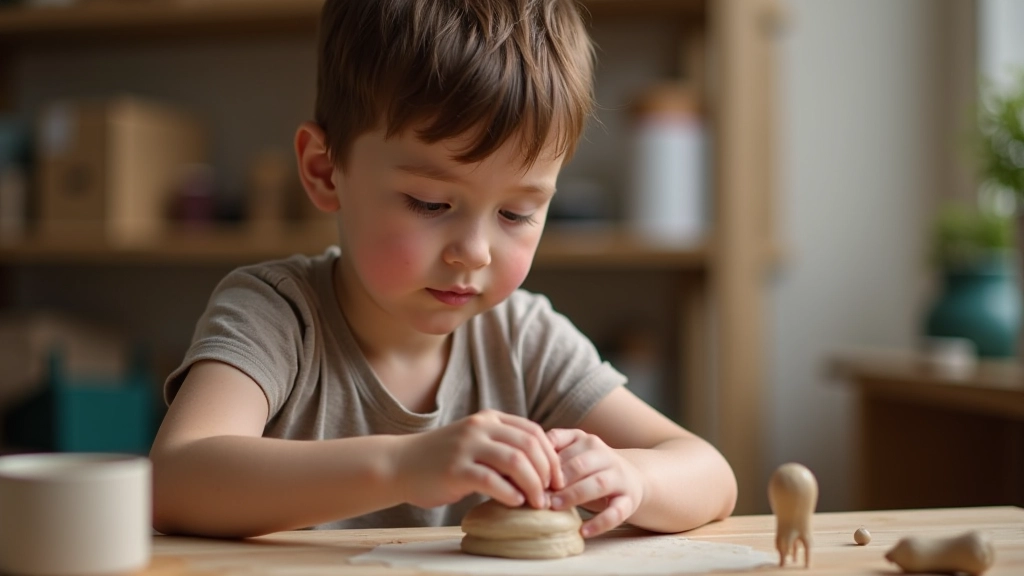 Young artist working with clay sculpture, hands shaping material in a studio with various sculptural tools