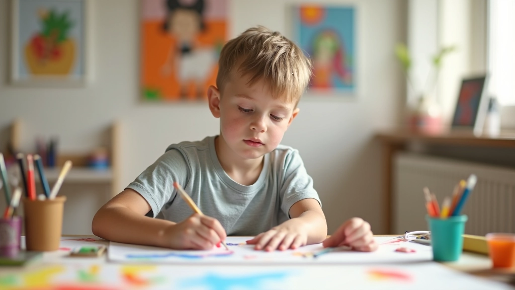 Child creating art with paintbrushes and colorful materials in creative studio setting
