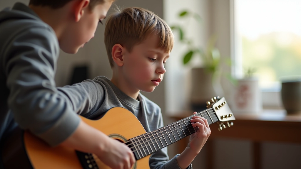 Child learning to play acoustic guitar with an instructor providing guidance in a music lesson studio