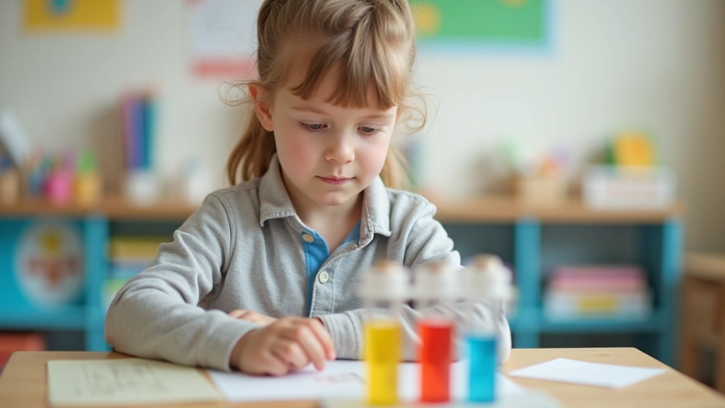 Child working on science experiment with test tubes and safety equipment in educational lab setting