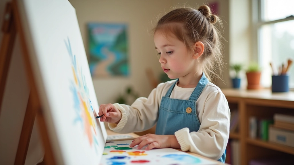 Young artist creating a colorful painting with brushes and paints showing creative expression through art