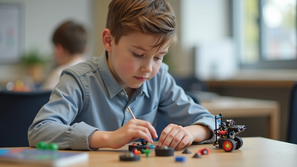 Child concentrating while assembling a robotics project with components and tools in structured learning space