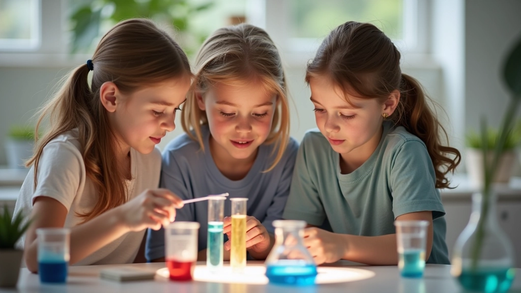 Group of children working together on a collaborative science experiment with beakers and materials