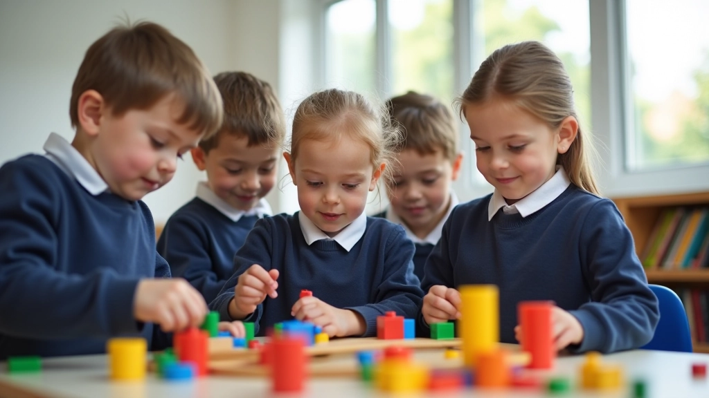 Children engaged in hands-on learning activity with educational materials and STEM equipment in bright classroom environment