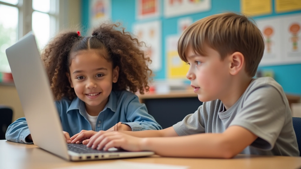 Children working together on coding project with laptops in collaborative learning space