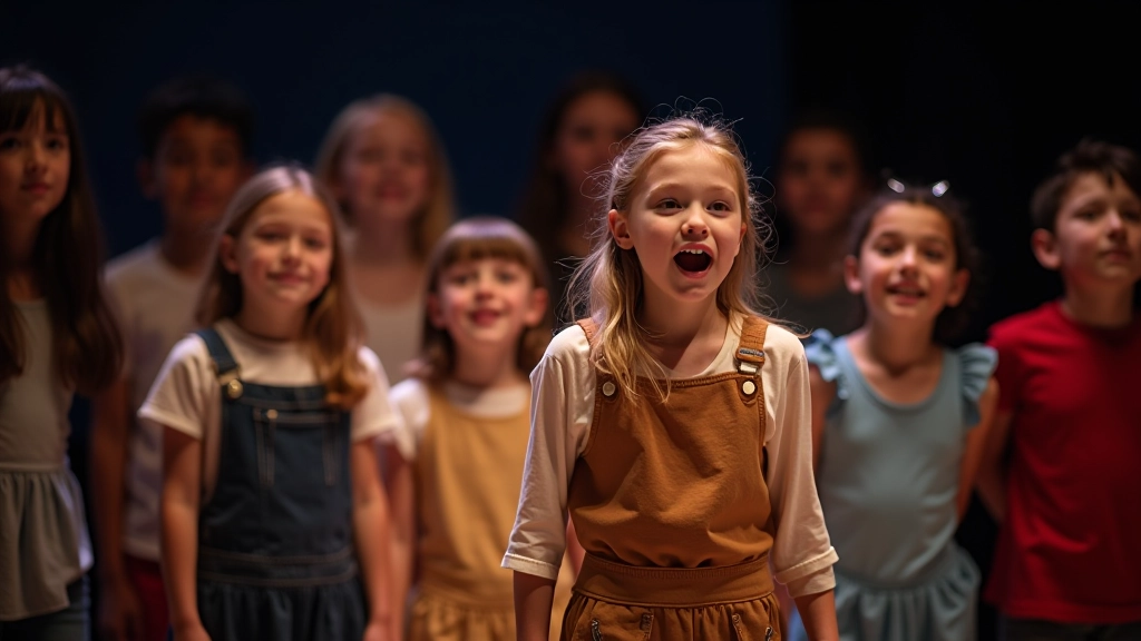Young performers on stage during a drama class performance wearing costumes and stage lighting
