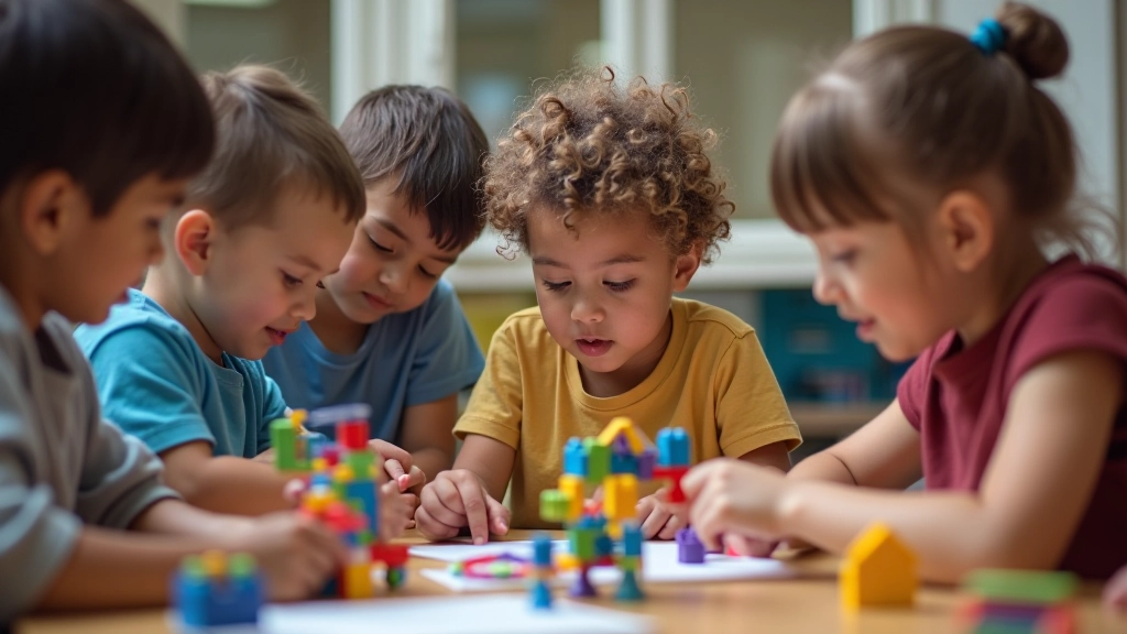 Multiple children aged 9-12 fully clothed in casual clothing participating in robotics workshop activity with colorful robot building blocks and components