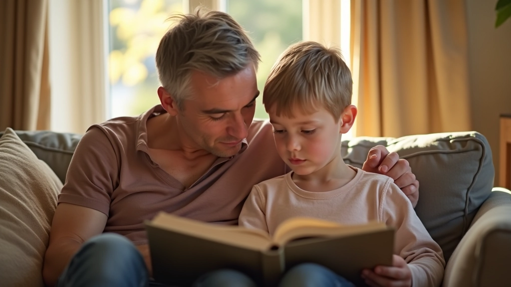 Parent and child sitting together with open book, warm afternoon light from window