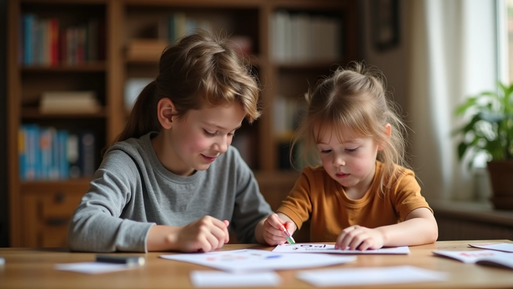 Parent and child working together at a desk with coding cards and educational materials in a home learning environment