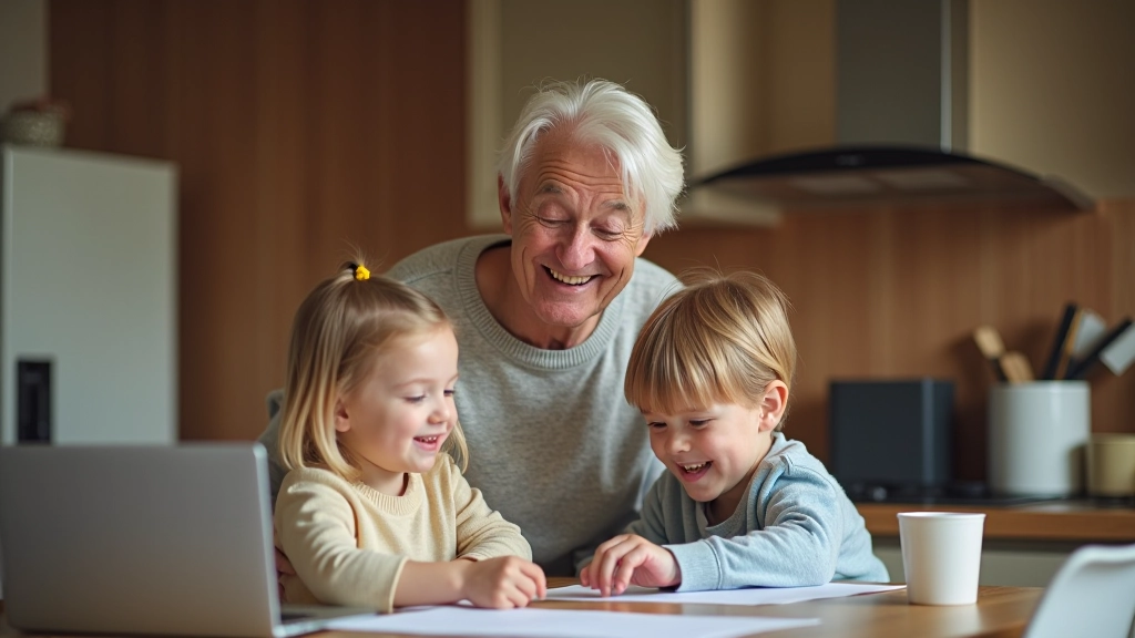 Parent aged 48 fully clothed in casual home attire, smiling while listening to child explain a coding project at kitchen table with laptop visible