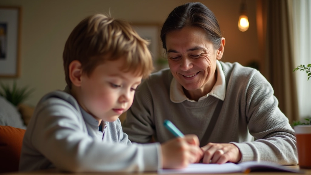 Parent aged 50, fully clothed, sitting beside child at table offering encouragement while child works on coding project with patient supportive expression