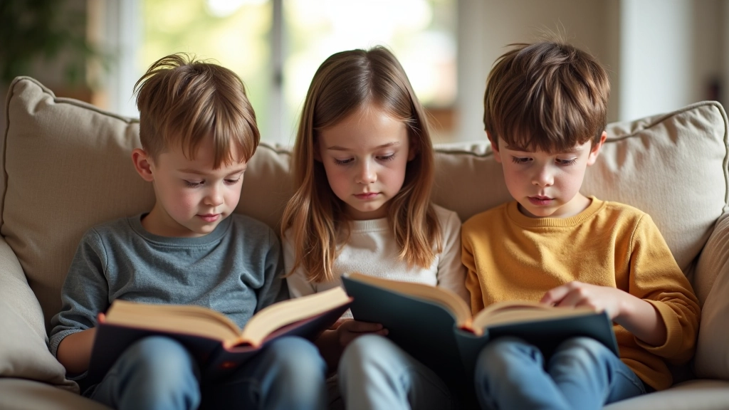 Three children of different ages sitting together each reading their own book, natural window lighting